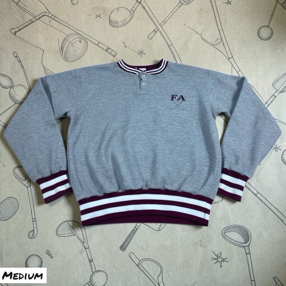 Vintage FA Golf Club Sweatshirt Mens Medium Gray Striped Ribbed Henley Pullover